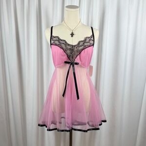 Pink Sheer Babydoll Chemise with Black Lace and Satin Trim Lingerie Nightgown